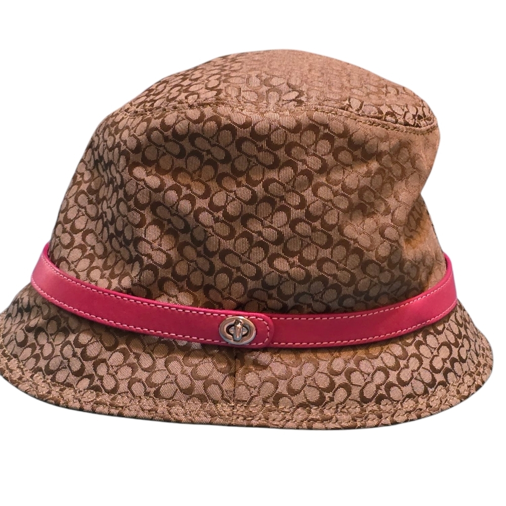 Coach Womans Signature C Bucket Hat in Khaki With Pink Leather Trim - Picture 4 of 14